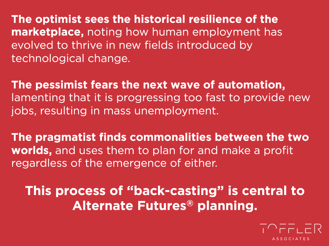 The optimist sees the historical resilience of the marketplace. The pessimist fears the next wave of automation. The pragmatist finds commonalities between the two worlds.